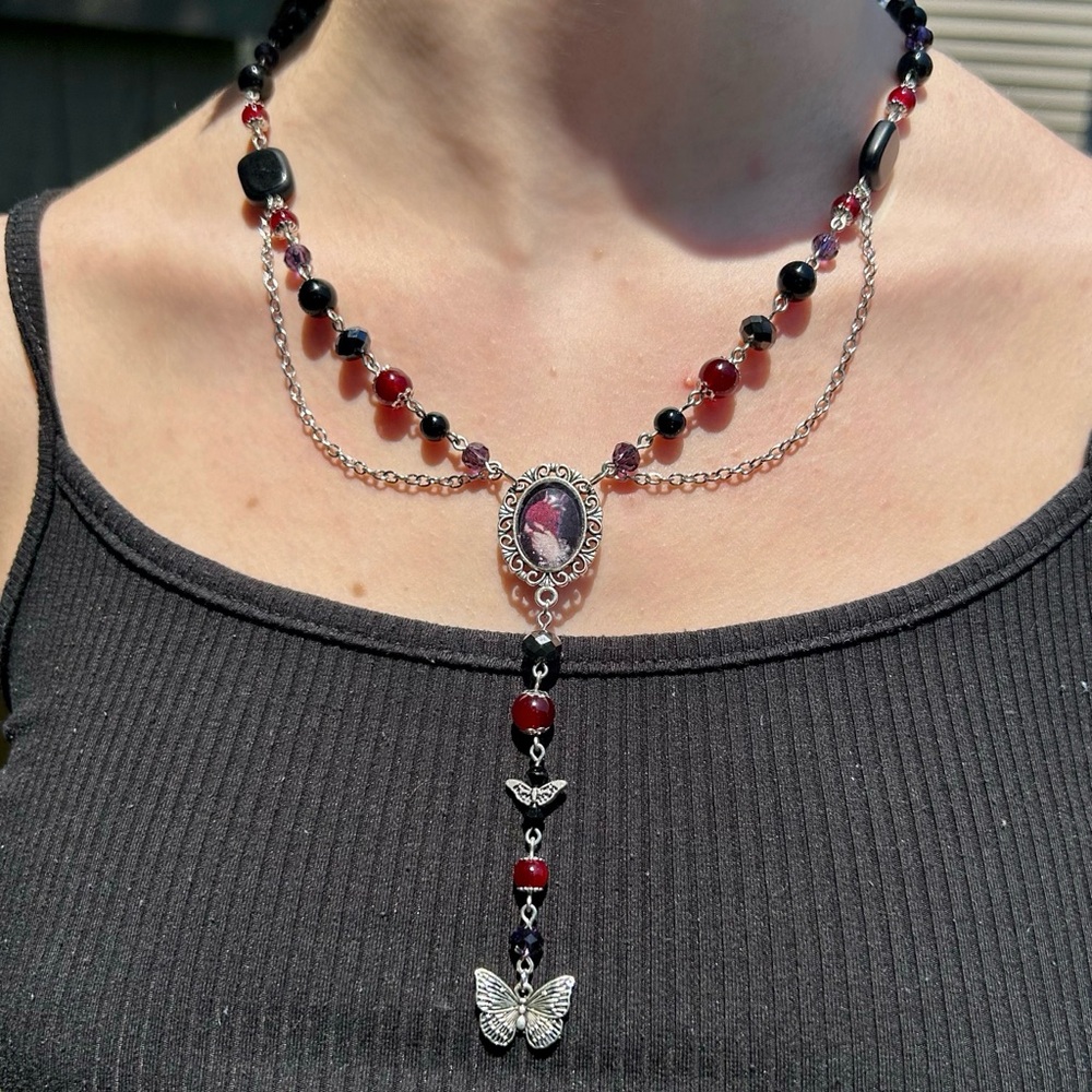 Handmade Silver and Red Butterfly Necklace
